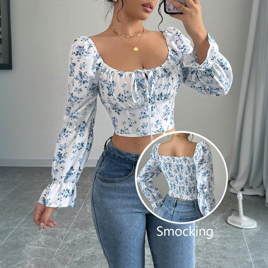 Women's Sweet and Gentle Square Neck Bubble Sleeve Floral Short Top