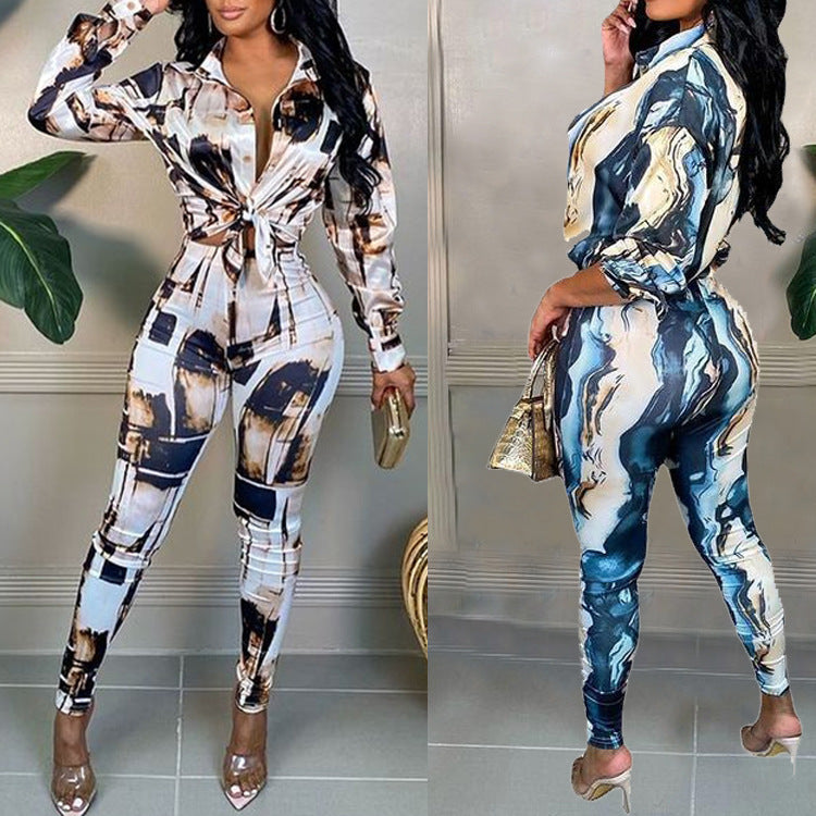 Women's Jumpsuit New Fashion Print Lapel Long Sleeve Slim Fit