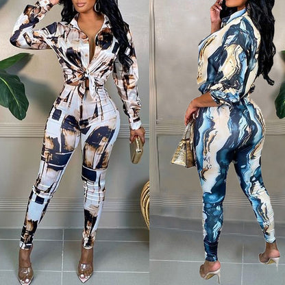 Women's Jumpsuit New Fashion Print Lapel Long Sleeve Slim Fit