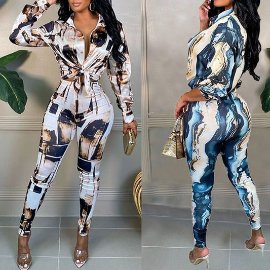 Women's Jumpsuit New Fashion Print Lapel Long Sleeve Slim Fit