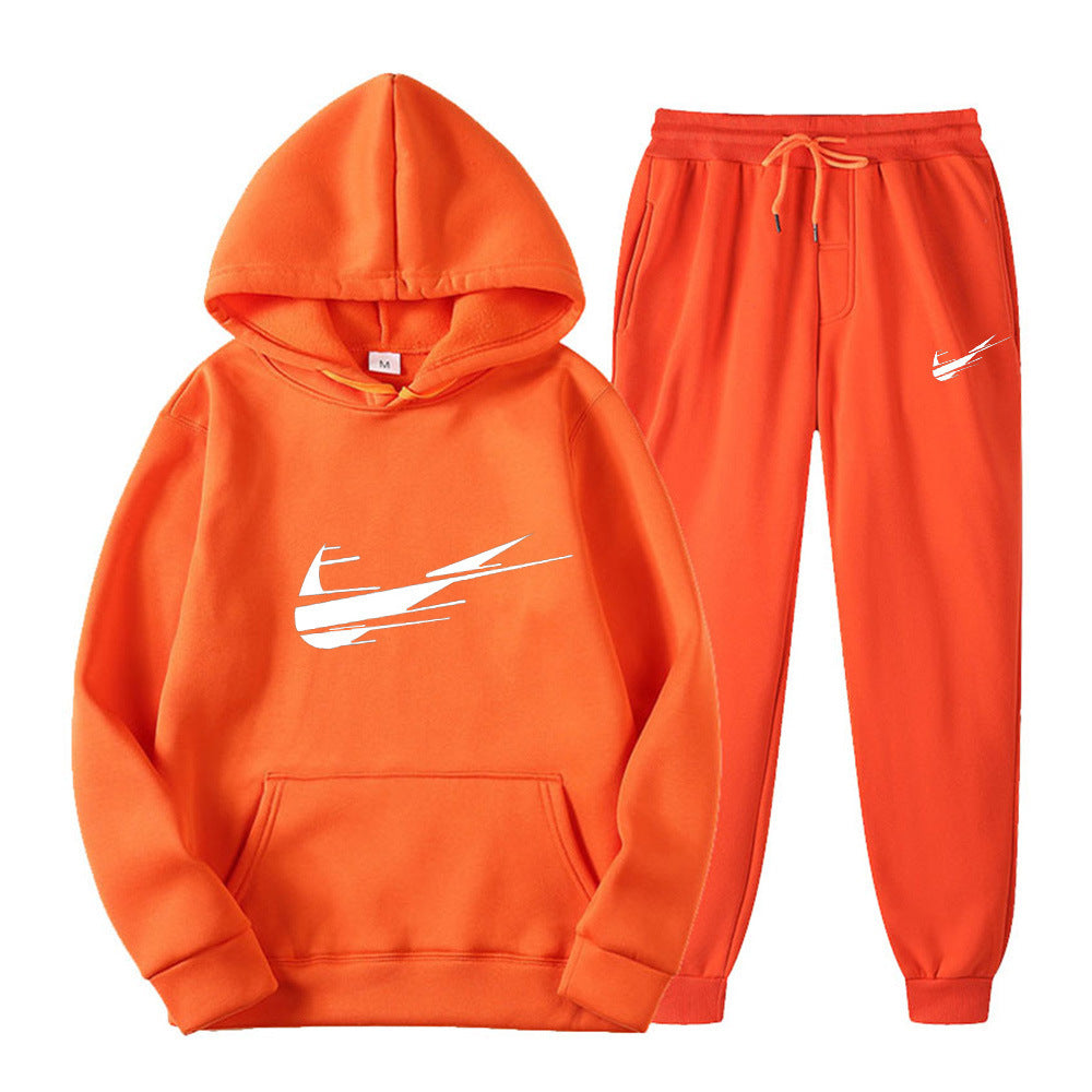 Men's and women's fleece hoodies two piece casual sports suit trendy hooded pullover printed sweatpants