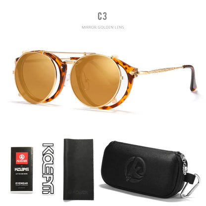 Retro Steampunk Round Clip On Sunglasses Men Women Double Layer Removable Lens Baroque Carved Legs Glasses UV400  With Box