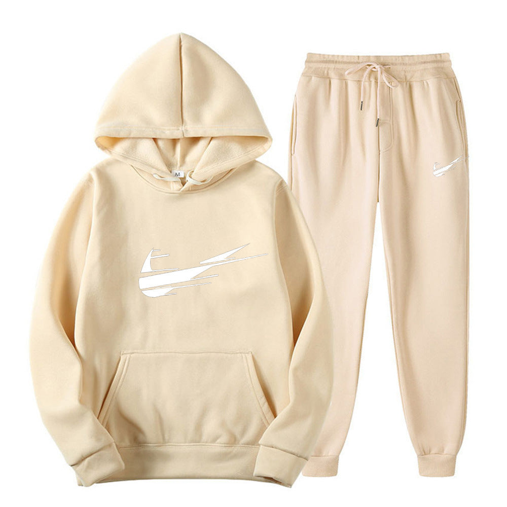 Men's and women's fleece hoodies two piece casual sports suit trendy hooded pullover printed sweatpants