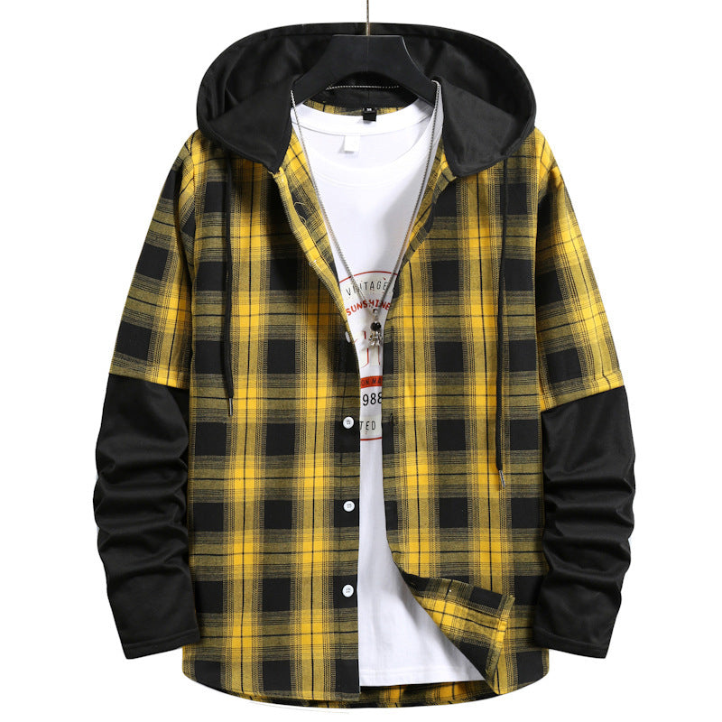 Men's Loose Plaid Hooded Shirt
