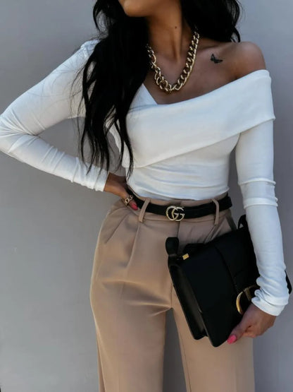 New solid color fashionable and sexy off shoulder long sleeved T-shirt