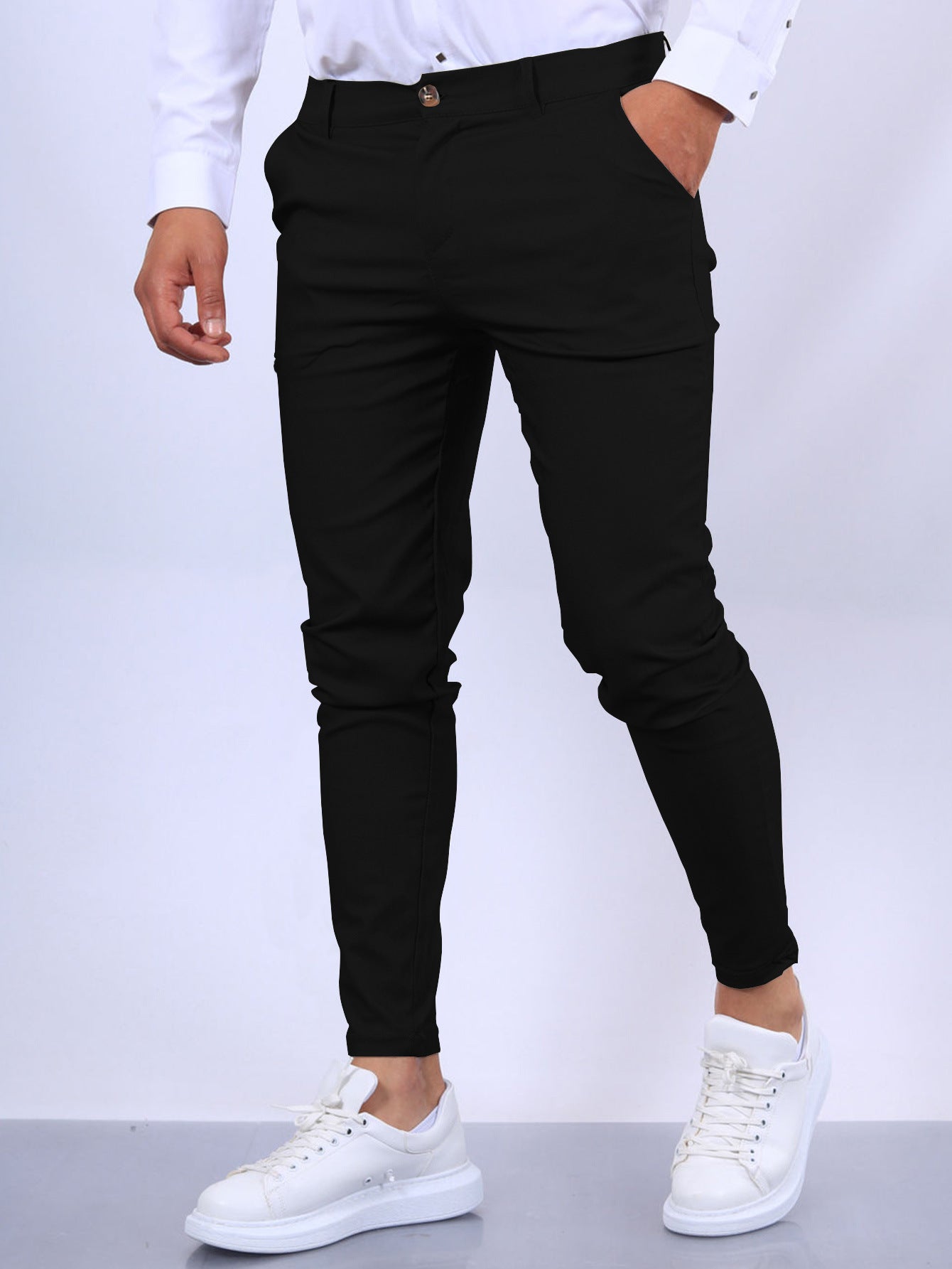 Men's Slim Button Trousers Fashion Solid Office Versatile Long Pencil Pants