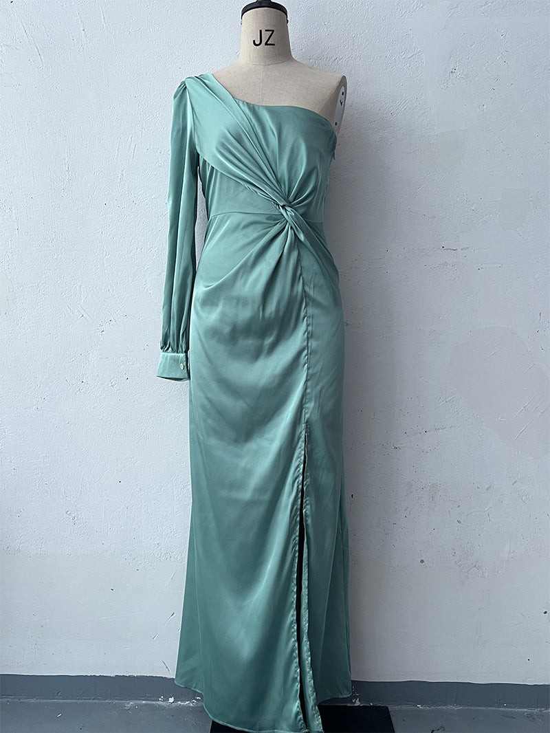 Women's One-shoulder Split Dress Ins Fashion Long-sleeved Slim Long Dresses Party Evening Clothing