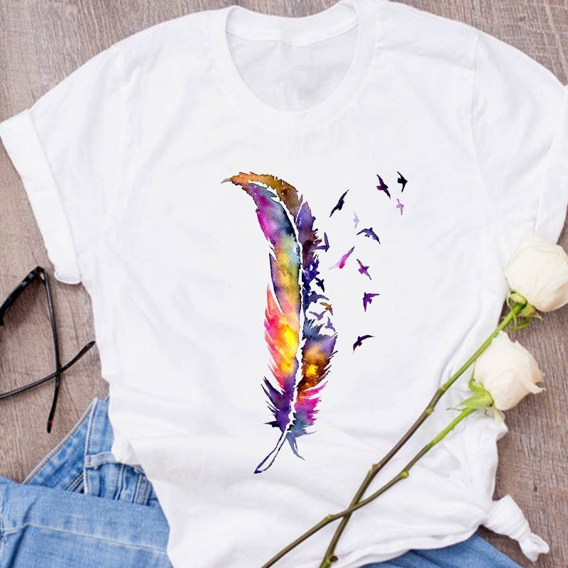 Butterfly Fox Print Short Sleeved Round Neck Loose T Shirt