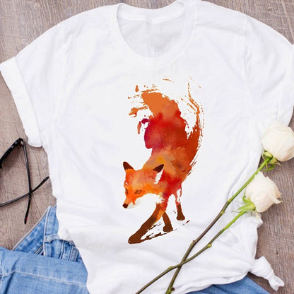Butterfly Fox Print Short Sleeved Round Neck Loose T Shirt