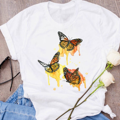 Butterfly Fox Print Short Sleeved Round Neck Loose T Shirt