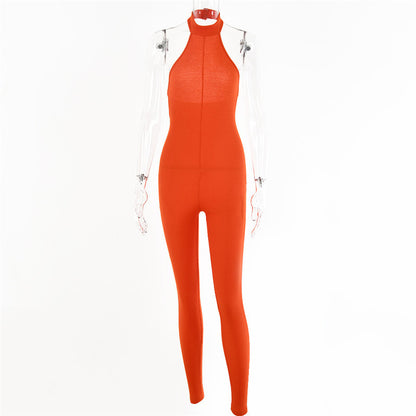 European And American Sleeveless Halterneck Slim-fit Cotton Solid Color Jumpsuit