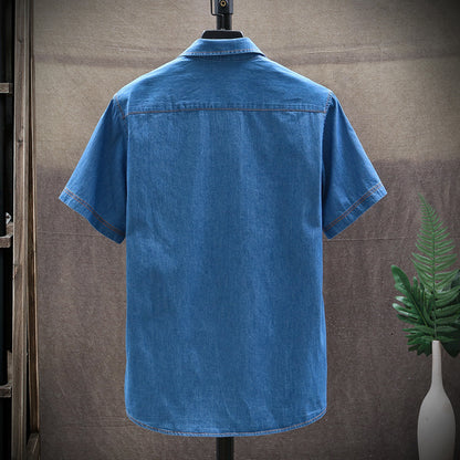 Solid Color Short-Sleeved Denim Shirt