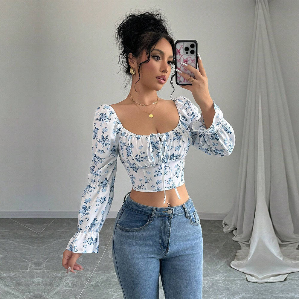 Women's Sweet and Gentle Square Neck Bubble Sleeve Floral Short Top
