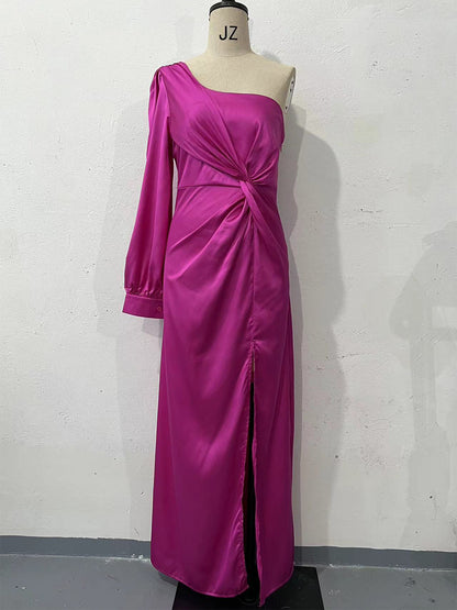 Women's One-shoulder Split Dress Ins Fashion Long-sleeved Slim Long Dresses Party Evening Clothing