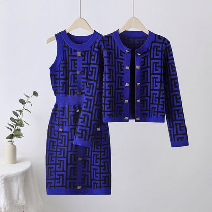Spring and summer women's maze gold button cardigan vest women's small fragrance style temperament set dress