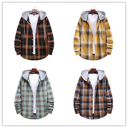 Men's Loose Plaid Hooded Shirt