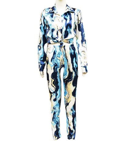 Women's Jumpsuit New Fashion Print Lapel Long Sleeve Slim Fit