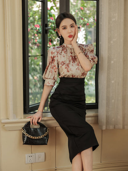 Printed Slim-fit Slimming Middle Sleeve French One-step