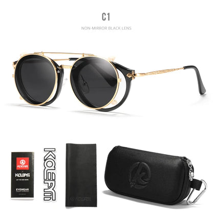 Retro Steampunk Round Clip On Sunglasses Men Women Double Layer Removable Lens Baroque Carved Legs Glasses UV400  With Box