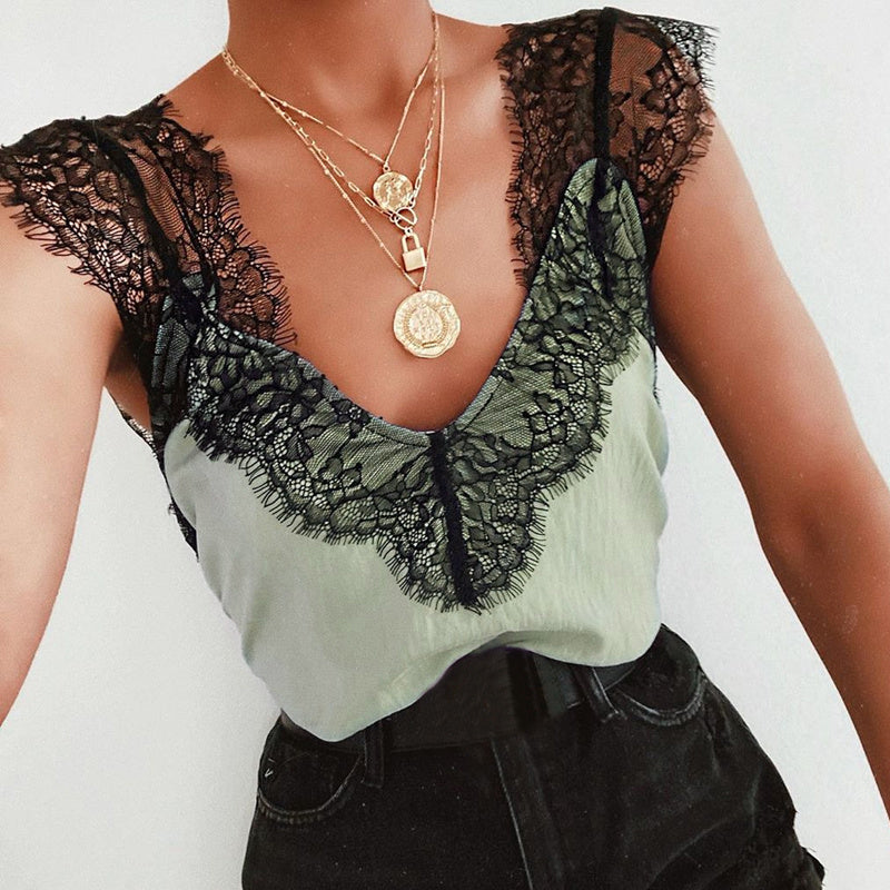 Lace V-neck solid color top