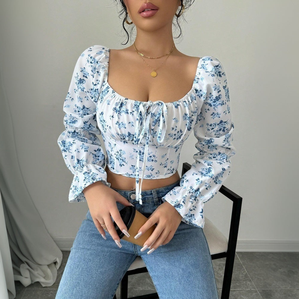 Women's Sweet and Gentle Square Neck Bubble Sleeve Floral Short Top