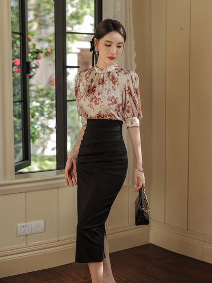 Printed Slim-fit Slimming Middle Sleeve French One-step