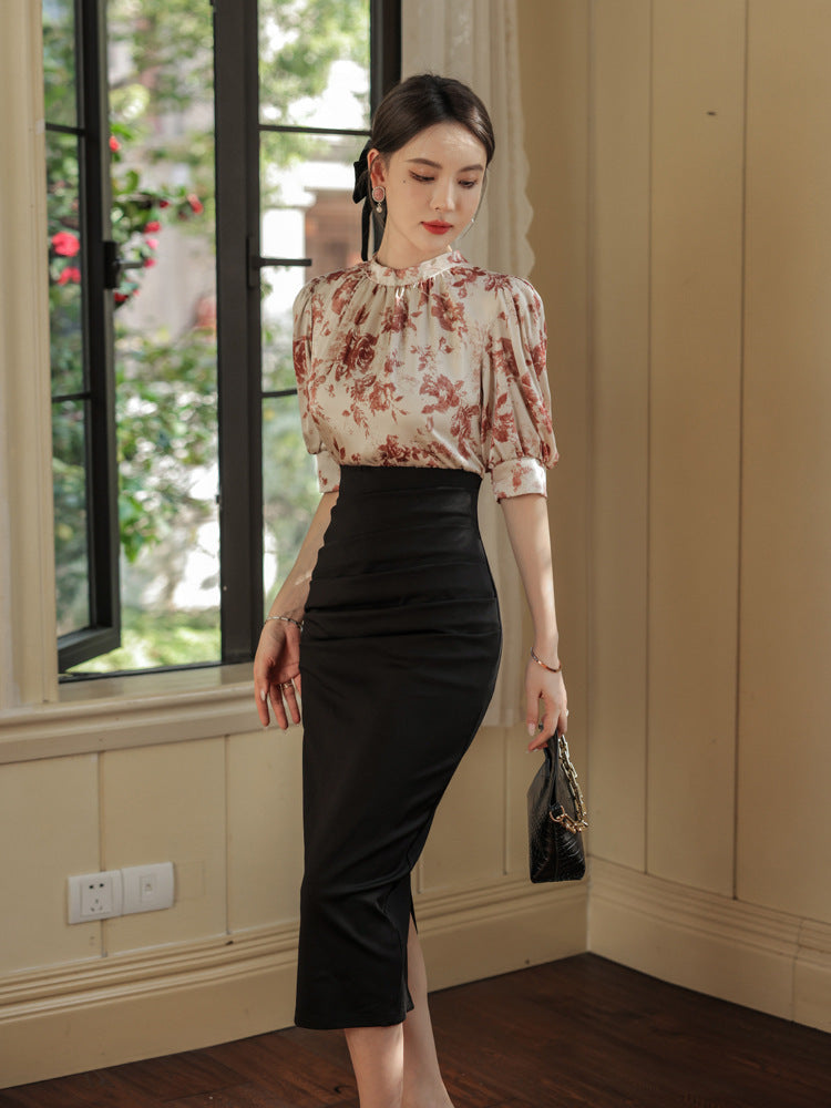 Printed Slim-fit Slimming Middle Sleeve French One-step