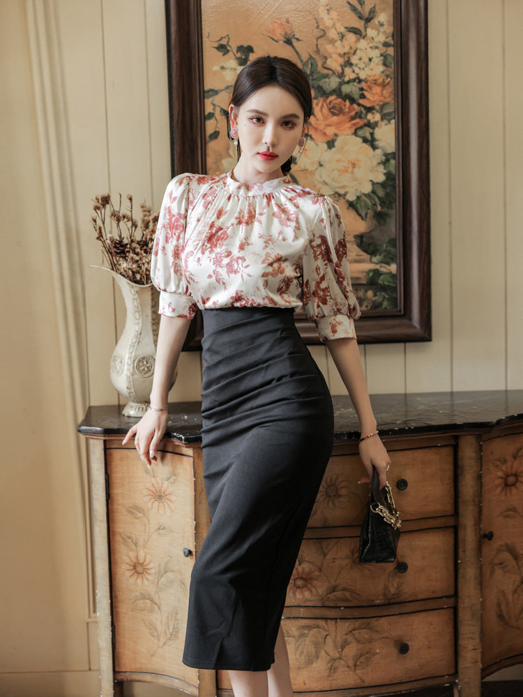 Printed Slim-fit Slimming Middle Sleeve French One-step