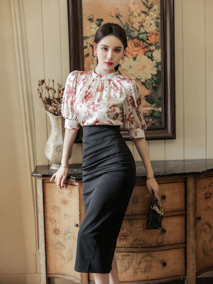 Printed Slim-fit Slimming Middle Sleeve French One-step