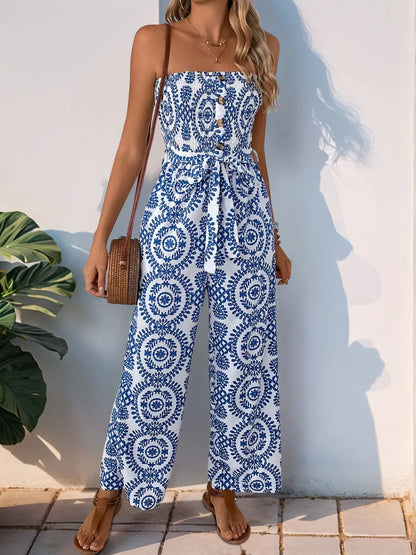 Perfee Smocked Tube Wide Leg Jumpsuit