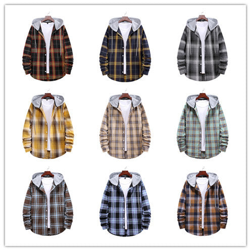 Men's Loose Plaid Hooded Shirt