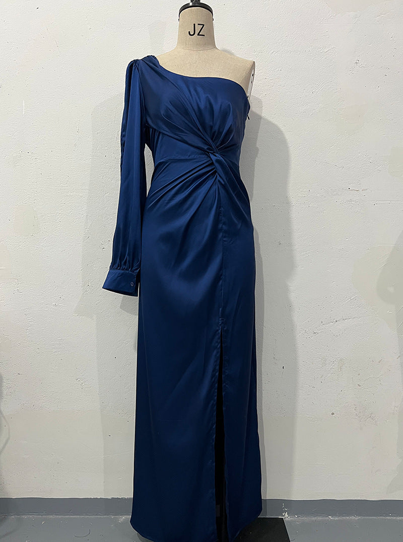 Women's One-shoulder Split Dress Ins Fashion Long-sleeved Slim Long Dresses Party Evening Clothing
