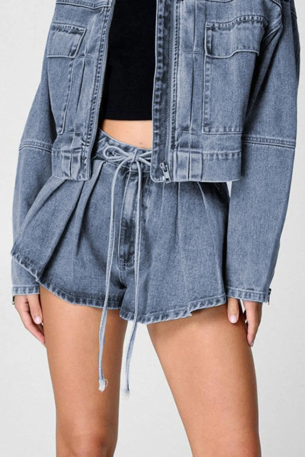Drawstring Cargo Denim Shorts with Pockets