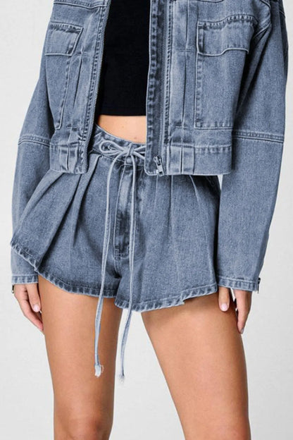 Drawstring Cargo Denim Shorts with Pockets