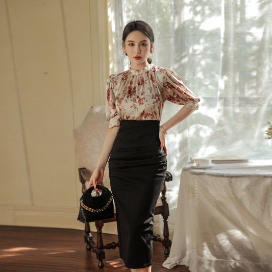 Printed Slim-fit Slimming Middle Sleeve French One-step