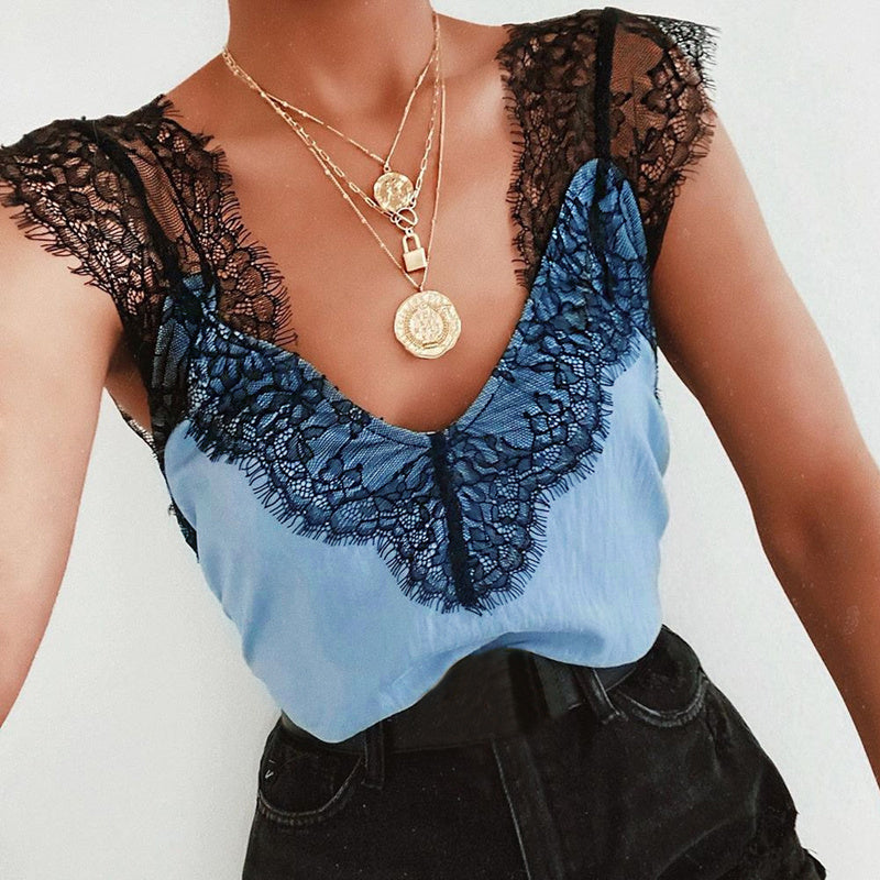 Lace V-neck solid color top