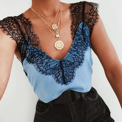 Lace V-neck solid color top