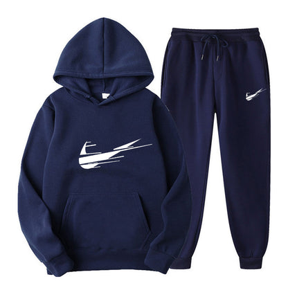 Men's and women's fleece hoodies two piece casual sports suit trendy hooded pullover printed sweatpants