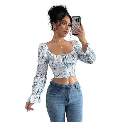 Women's Sweet and Gentle Square Neck Bubble Sleeve Floral Short Top