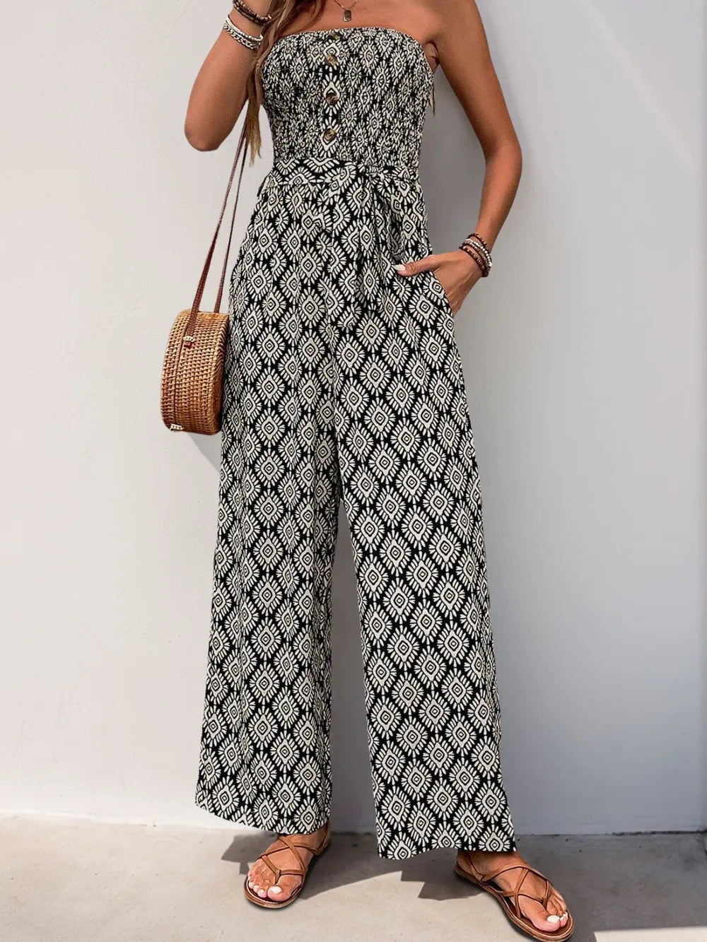 Printed Smocked Sleeveless Jumpsuit