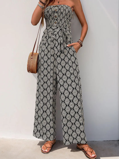 Printed Smocked Sleeveless Jumpsuit