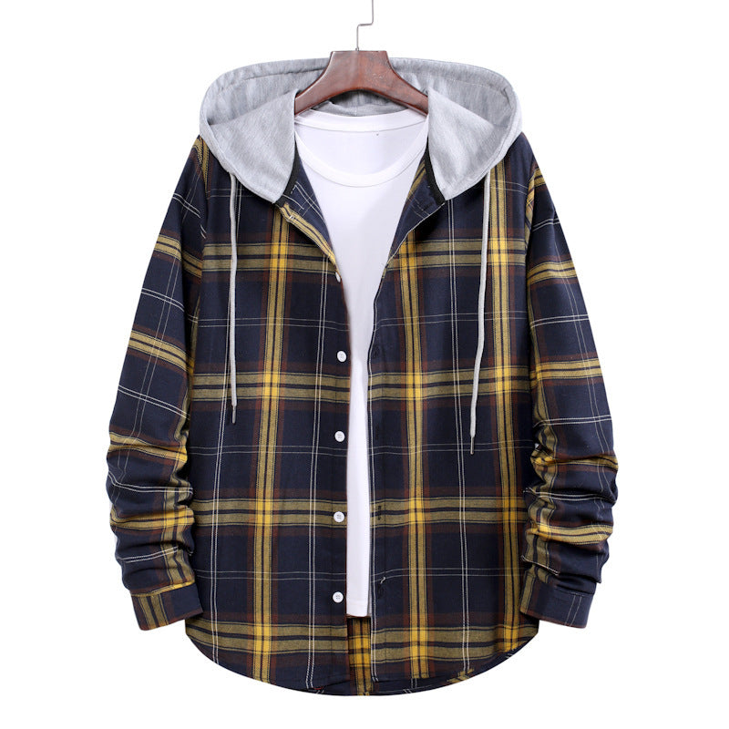 Men's Loose Plaid Hooded Shirt