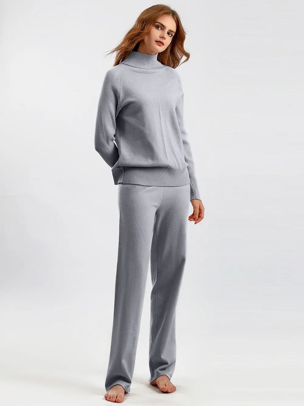 Turtleneck Raglan Sleeve Top and Pants Sweater Set