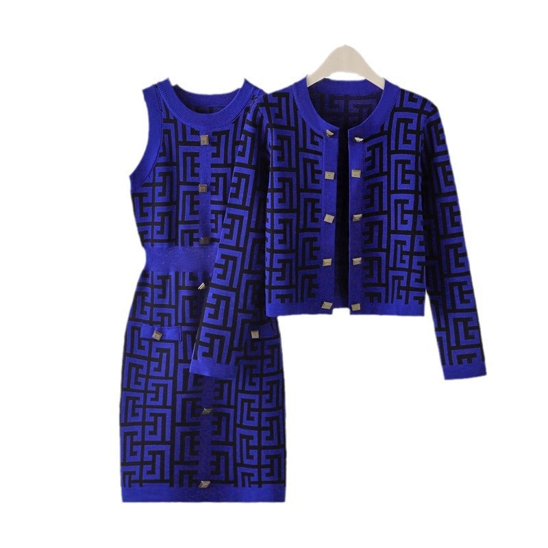 Spring and summer women's maze gold button cardigan vest women's small fragrance style temperament set dress
