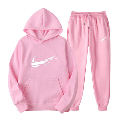 Men's and women's fleece hoodies two piece casual sports suit trendy hooded pullover printed sweatpants