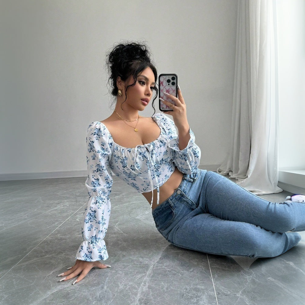 Women's Sweet and Gentle Square Neck Bubble Sleeve Floral Short Top