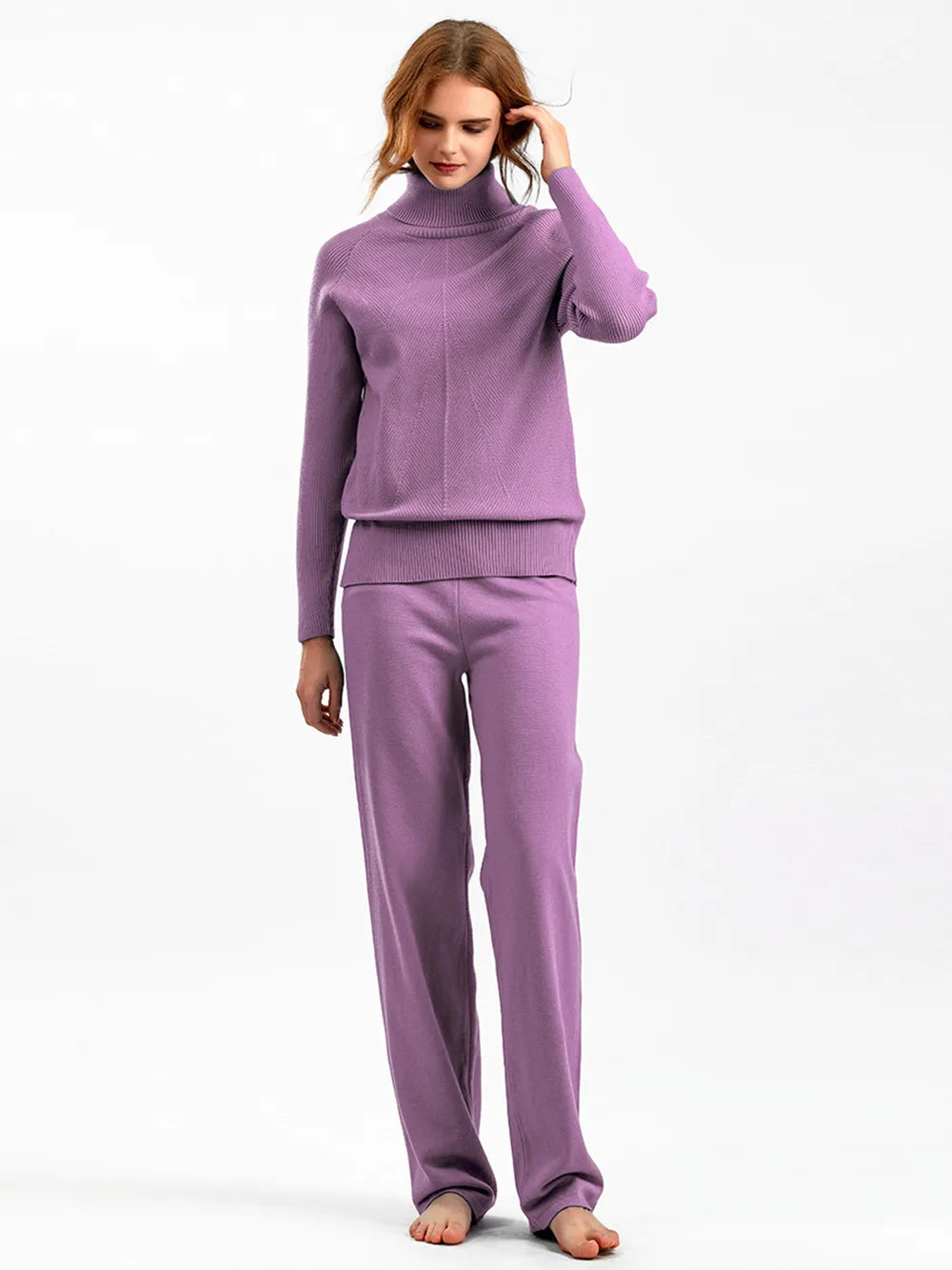 Turtleneck Raglan Sleeve Top and Pants Sweater Set