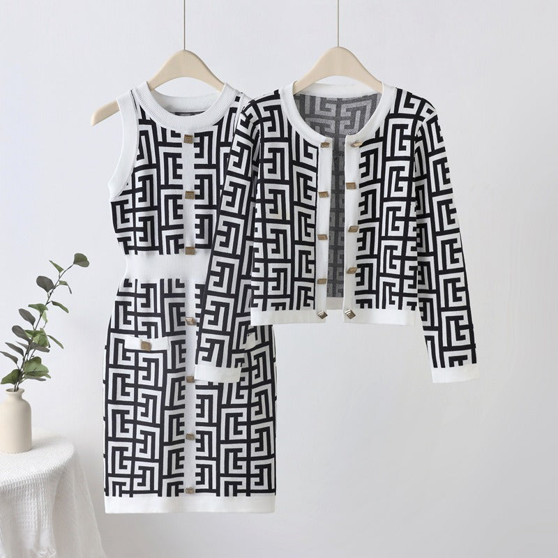 Spring and summer women's maze gold button cardigan vest women's small fragrance style temperament set dress