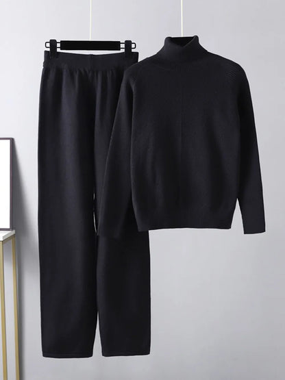Turtleneck Raglan Sleeve Top and Pants Sweater Set