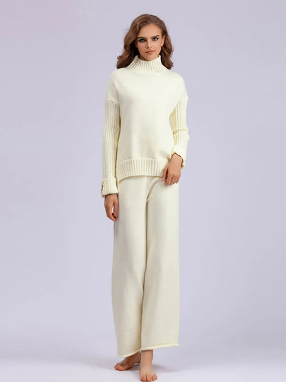 High- Low Turtleneck Long Sleeve Top and Pants Sweater Set